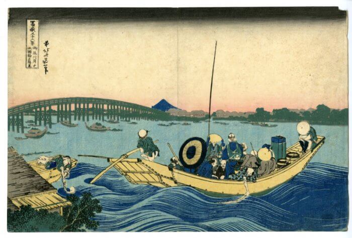 Katsushika Hokusai “Thirty-six Views of Mt. Fuji, Viewing Sunset over Ryogoku Bridge from the Onmaya” 