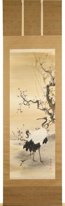 Okutani Shuseki “Red Plum Blossom and Cranes Old Pine Tree and Fukurokuju Young Pine Tree and Deer” 