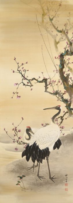 Okutani Shuseki “Red Plum Blossom and Cranes Old Pine Tree and Fukurokuju Young Pine Tree and Deer” 