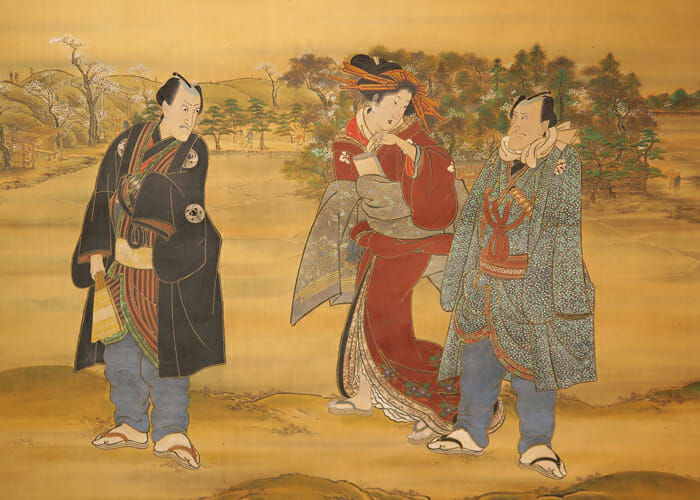 初代豊国「七世市川団十郎　五世松本幸四郎　三囲詣之図」（部分）