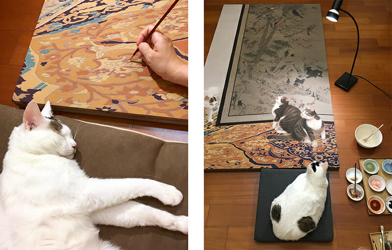 猫と暮らすアトリエ。いつも、違う子がクッションを温めてくれる。