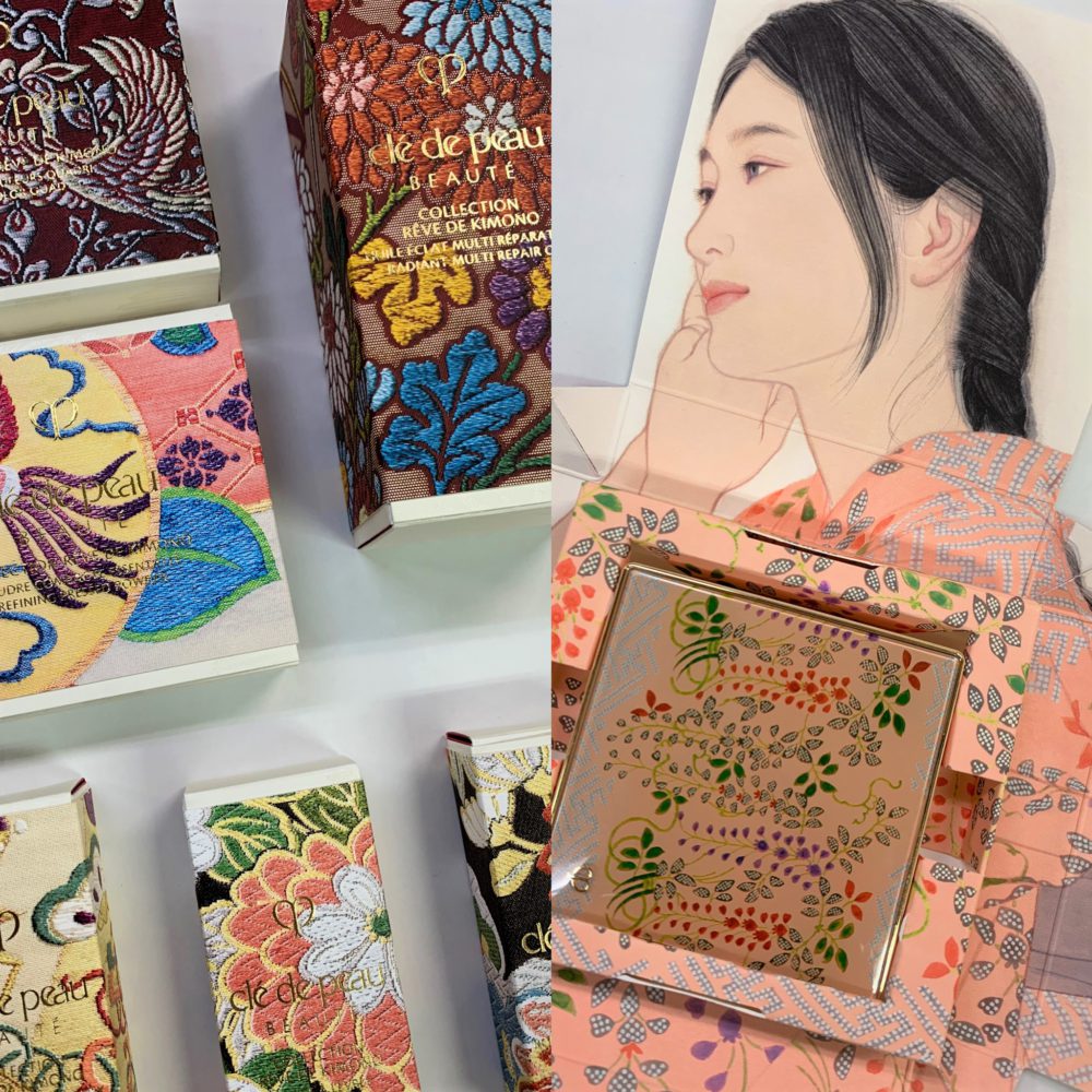 描き下ろしの作品が使われた資生堂クレ・ド・ポー ボーテ ホリデーコレクション2019。 原画は会場に展示。