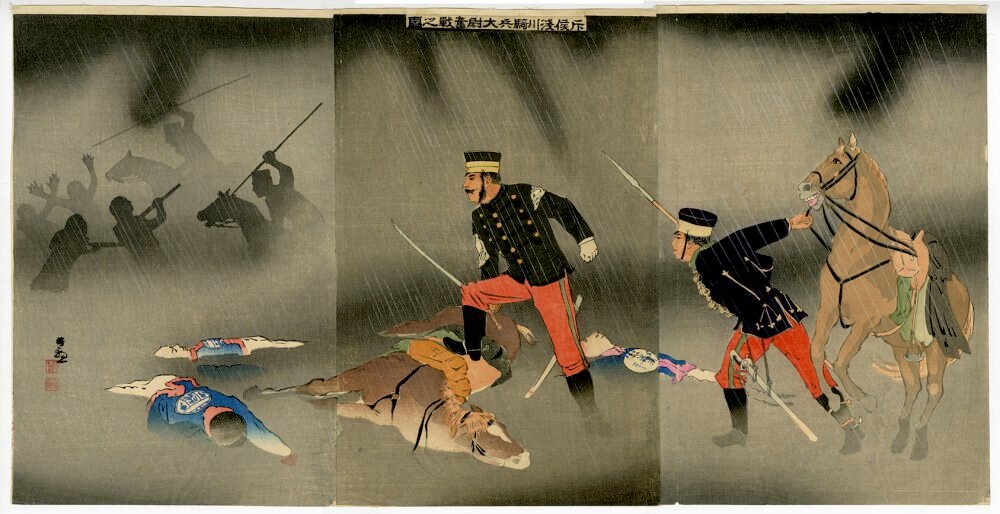 清親「斥侯浅川騎兵大尉奮戦之図」