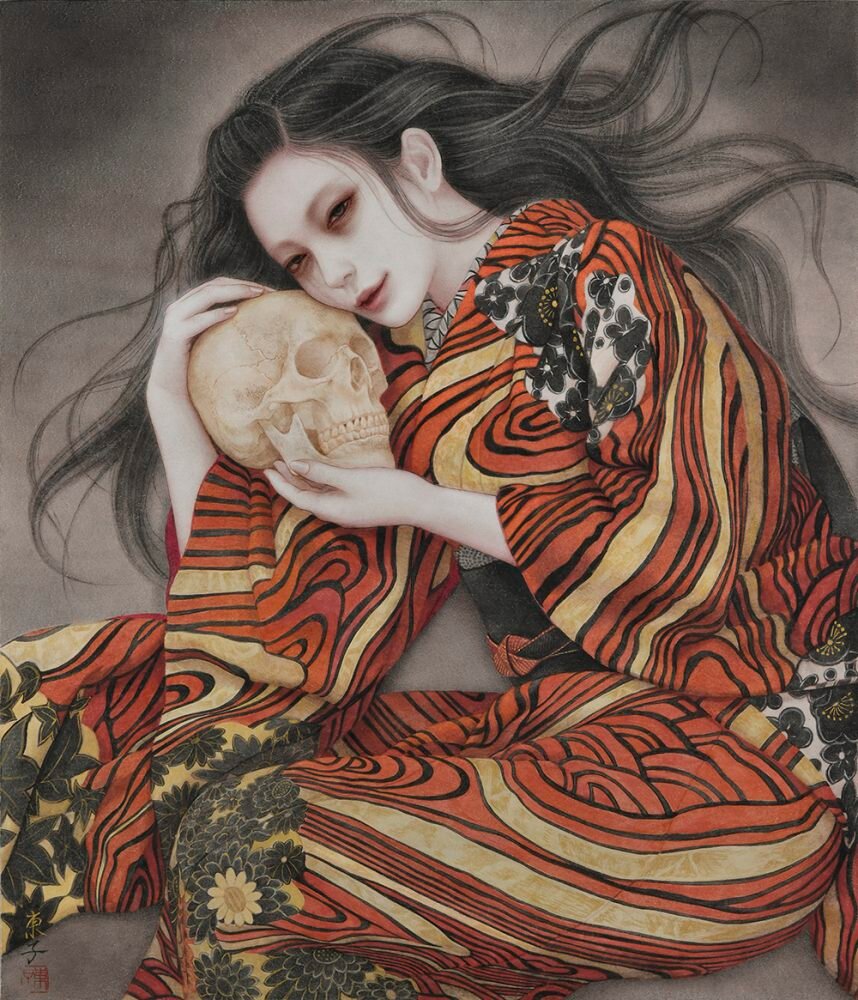 岡本東子《幽冥に嗤う》(2024)※岩井志麻子著『おんびんたれの禍夢』装画用描き下ろし