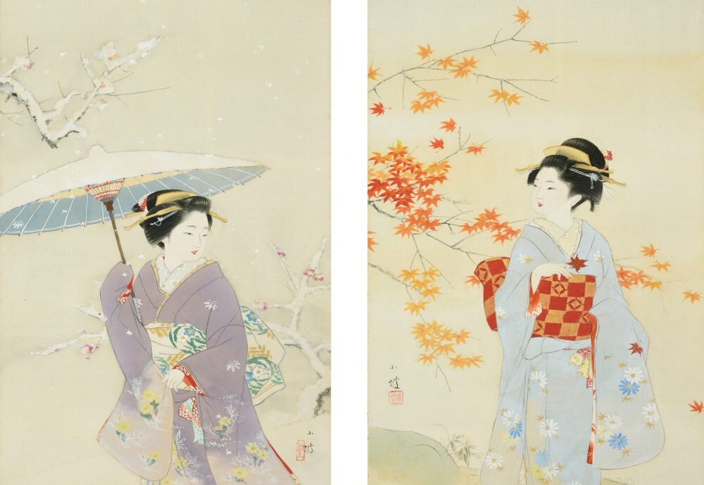 伊藤 小坡「(右幅)紅葉の頃 (左幅)雪の朝」【掛軸双幅】 ※価格はお問い合わせください